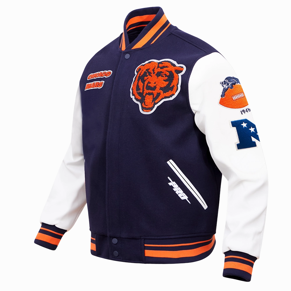 NFL CHICAGO BEARS RETRO CLASSIC MEN'S RIB WOOL VARSITY JACKET (MIDNIGHT NAVY/ORANGE/MIDNIGHT NAVY)