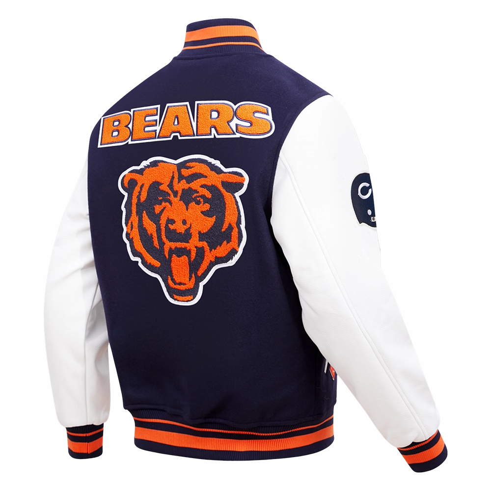 NFL CHICAGO BEARS RETRO CLASSIC MEN'S RIB WOOL VARSITY JACKET (MIDNIGHT NAVY/ORANGE/MIDNIGHT NAVY)
