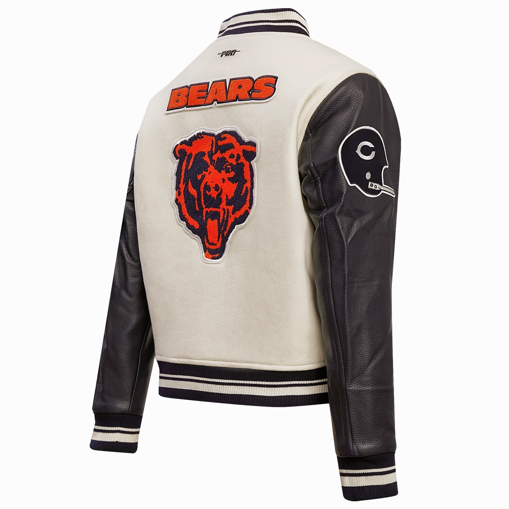 NFL CHICAGO BEARS RETRO CLASSIC WOMEN'S RIB WOOL VARSITY JACKET (EGGSHELL/ MIDNIGHT NAVY)