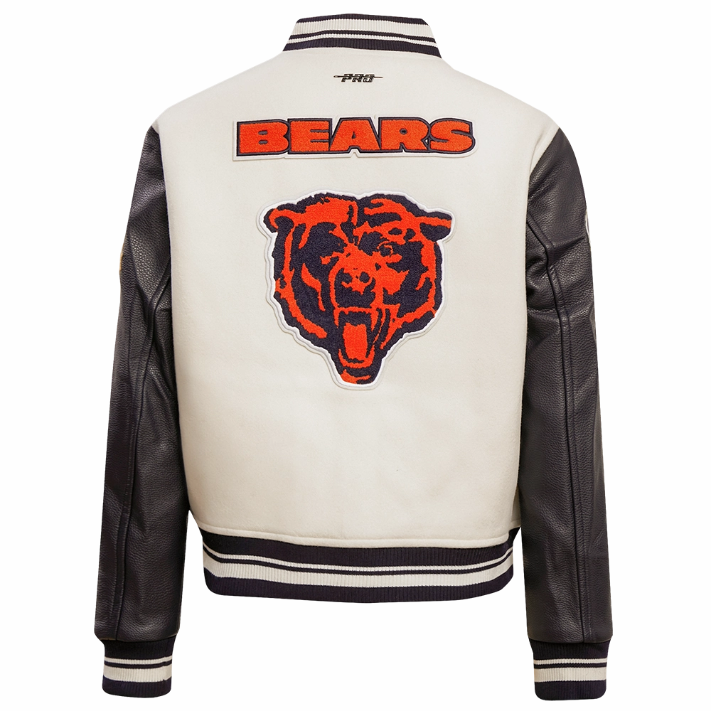 NFL CHICAGO BEARS RETRO CLASSIC WOMEN'S RIB WOOL VARSITY JACKET (EGGSHELL/ MIDNIGHT NAVY)