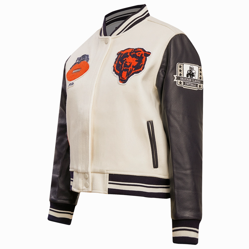 NFL CHICAGO BEARS RETRO CLASSIC WOMEN'S RIB WOOL VARSITY JACKET (EGGSHELL/ MIDNIGHT NAVY)