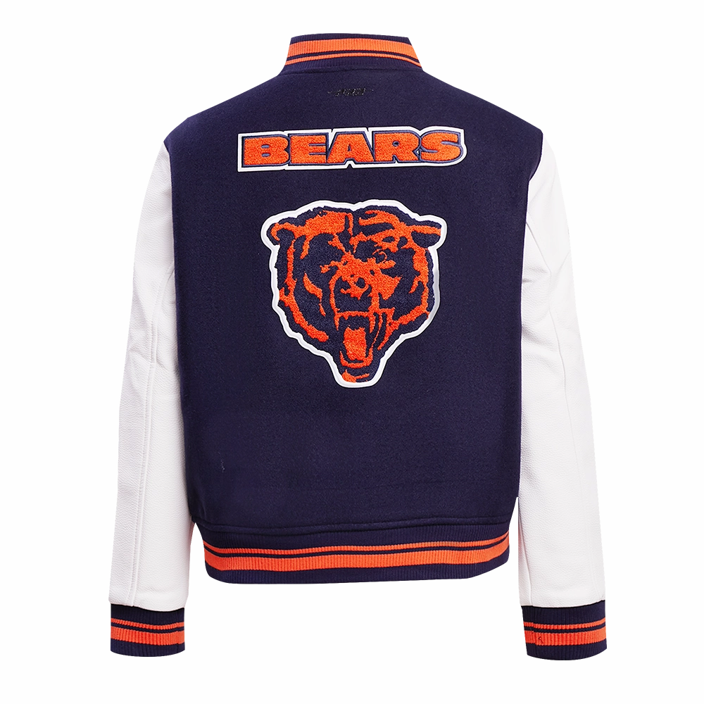 NFL CHICAGO BEARS RETRO CLASSIC WOMEN'S RIB WOOL VARSITY JACKET (MIDNIGHT NAVY/ORANGE/MIDNIGHT NAVY)