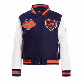 NFL CHICAGO BEARS RETRO CLASSIC WOMEN'S RIB WOOL VARSITY JACKET (MIDNIGHT NAVY/ORANGE/MIDNIGHT NAVY)