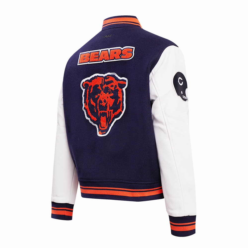NFL CHICAGO BEARS RETRO CLASSIC WOMEN'S RIB WOOL VARSITY JACKET (MIDNIGHT NAVY/ORANGE/MIDNIGHT NAVY)