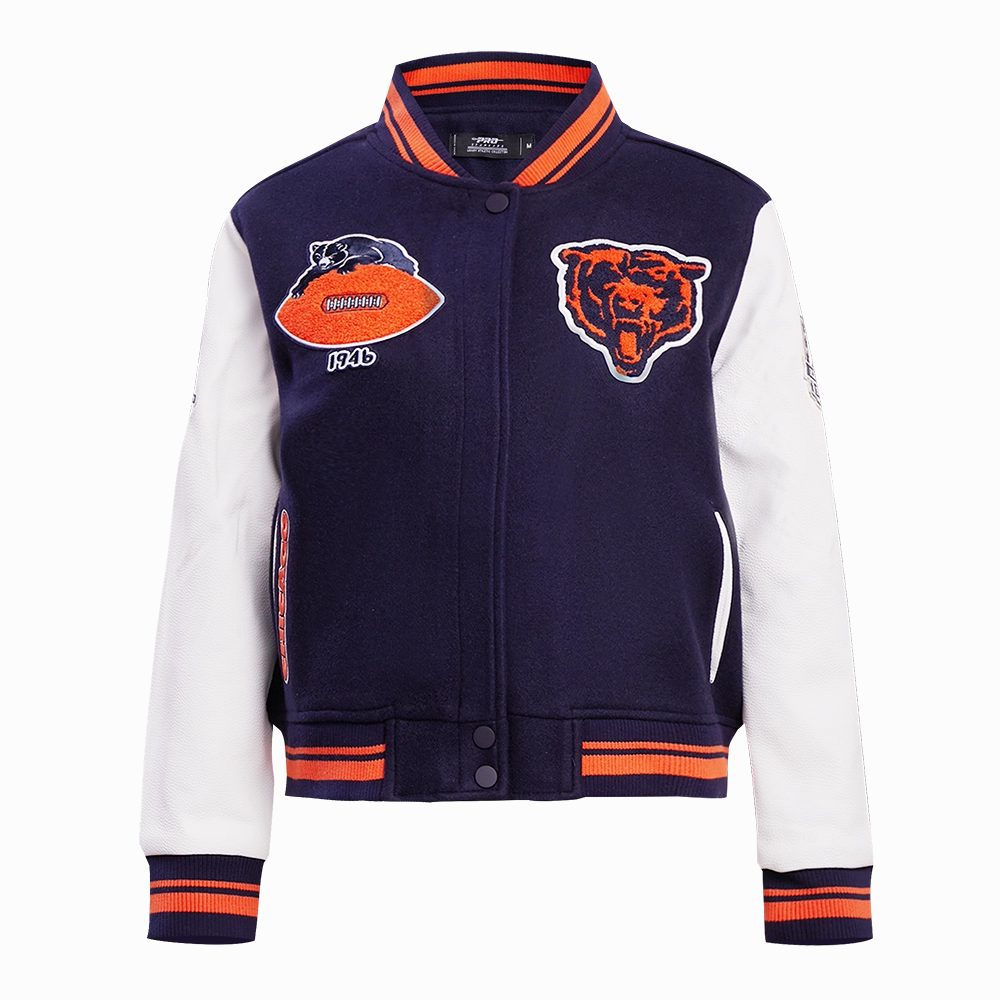 NFL CHICAGO BEARS RETRO CLASSIC WOMEN'S RIB WOOL VARSITY JACKET (MIDNIGHT NAVY/ORANGE/MIDNIGHT NAVY)