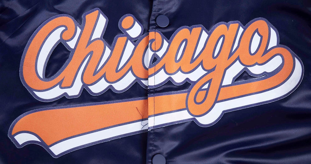 NFL CHICAGO BEARS SCRIPT TAIL MEN'S SATIN JACKET (MIDNIGHT NAVY/ORANGE/MIDNIGHT NAVY)