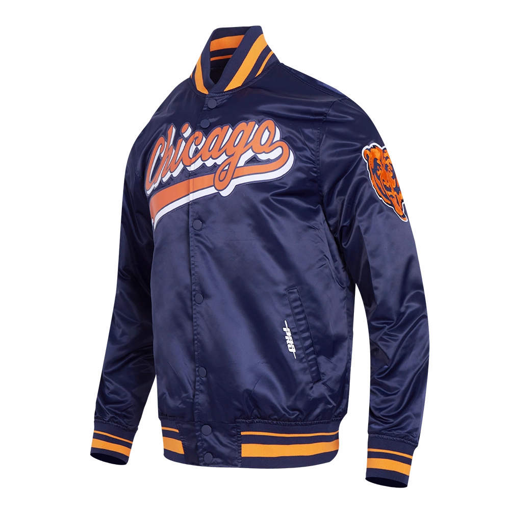 NFL CHICAGO BEARS SCRIPT TAIL MEN'S SATIN JACKET (MIDNIGHT NAVY/ORANGE/MIDNIGHT NAVY)