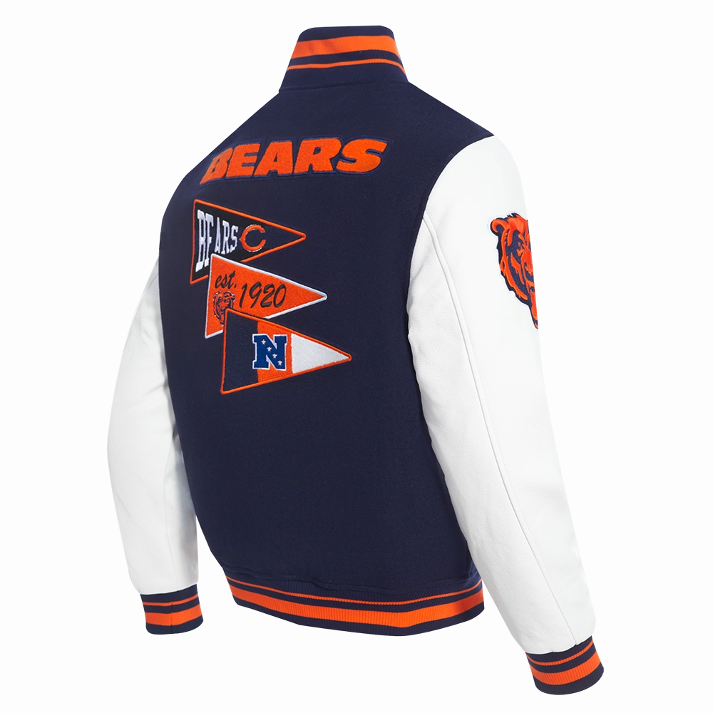 NFL CHICAGO BEARS TEAM PENNANTS MEN'S RIB WOOL VARSITY JACKET (MIDNIGHT NAVY/ORANGE/MIDNIGHT NAVY)