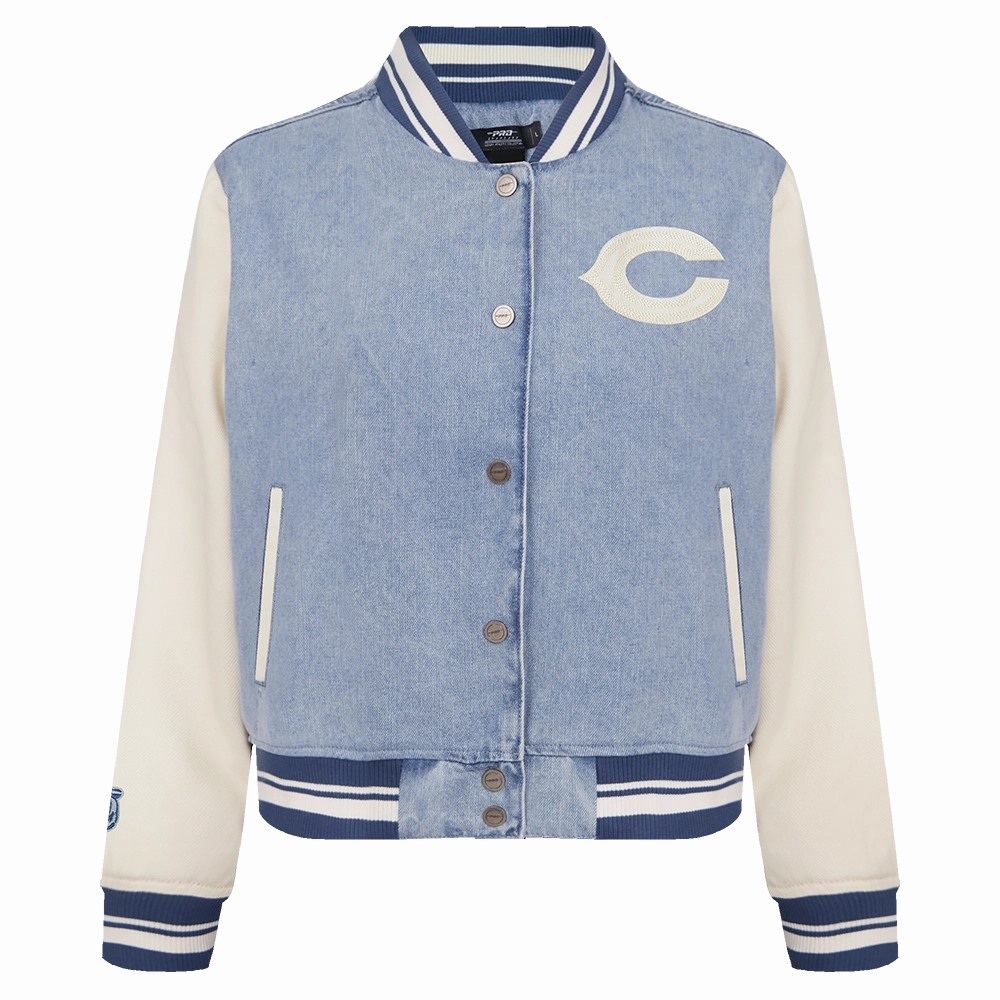 NFL CHICAGO BEARS VARSITY BLUES WOMEN'S DENIM VARSITY JACKET (DENIM/LINEN)