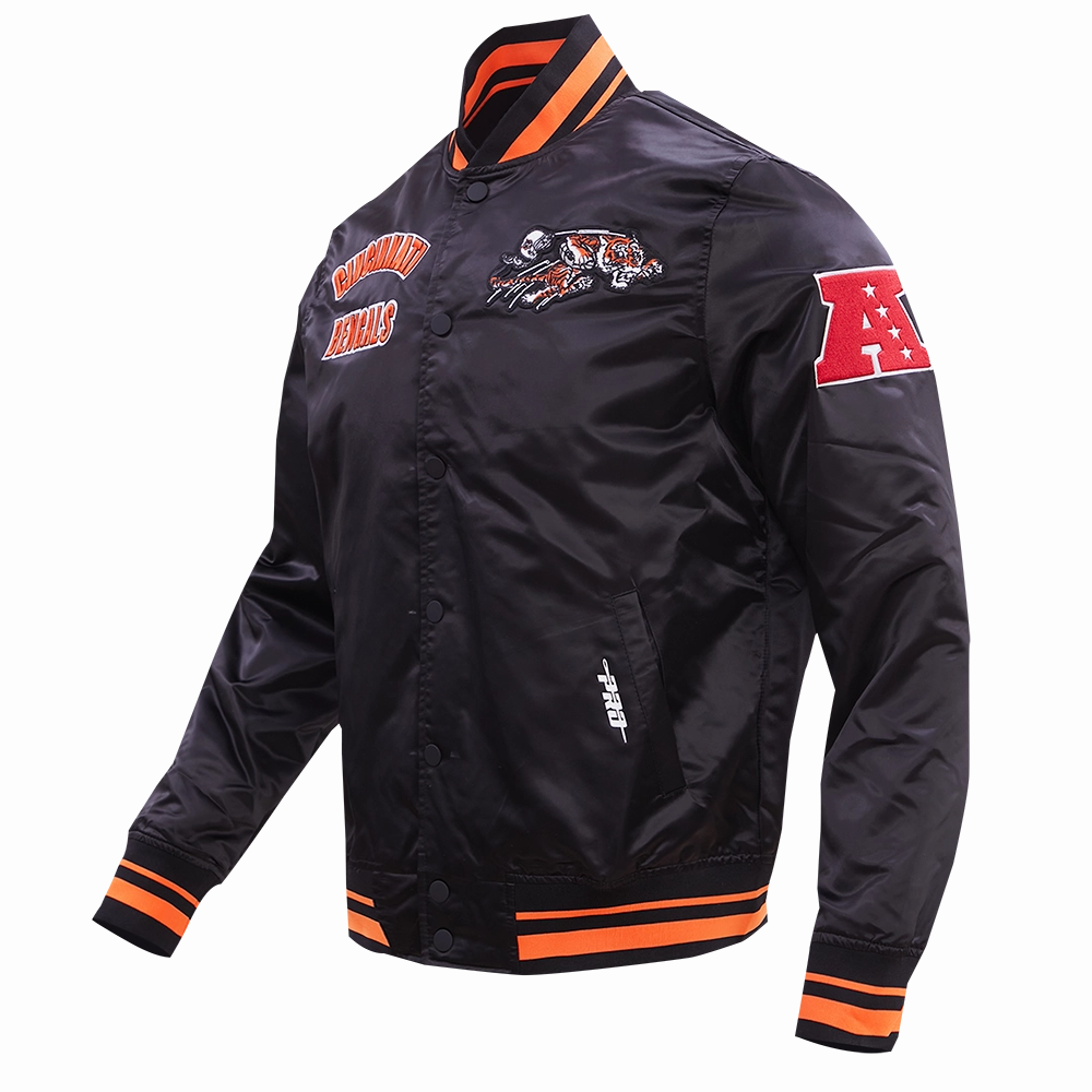 NFL CINCINNATI BENGALS RETRO CLASSIC MEN'S RIB SATIN JACKET (BLACK/ORANGE)