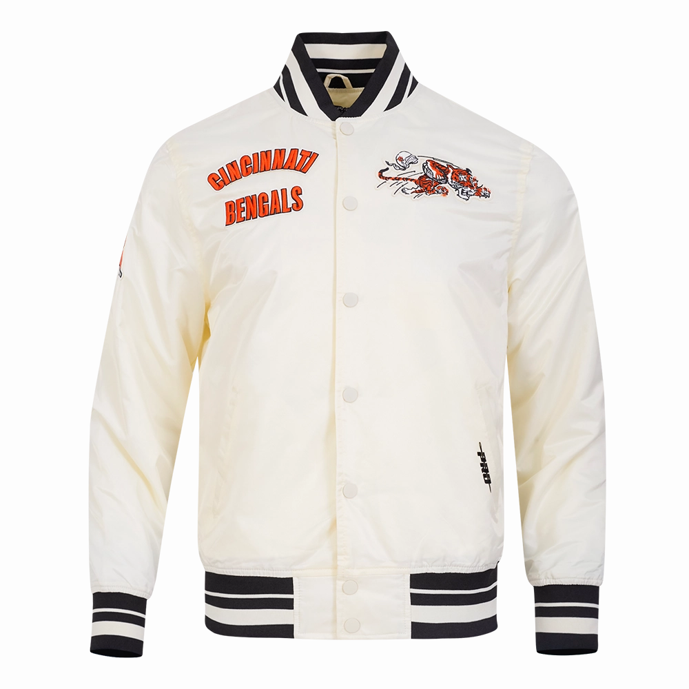 NFL CINCINNATI BENGALS RETRO CLASSIC MEN'S RIB SATIN JACKET (EGGSHELL/ BLACK)