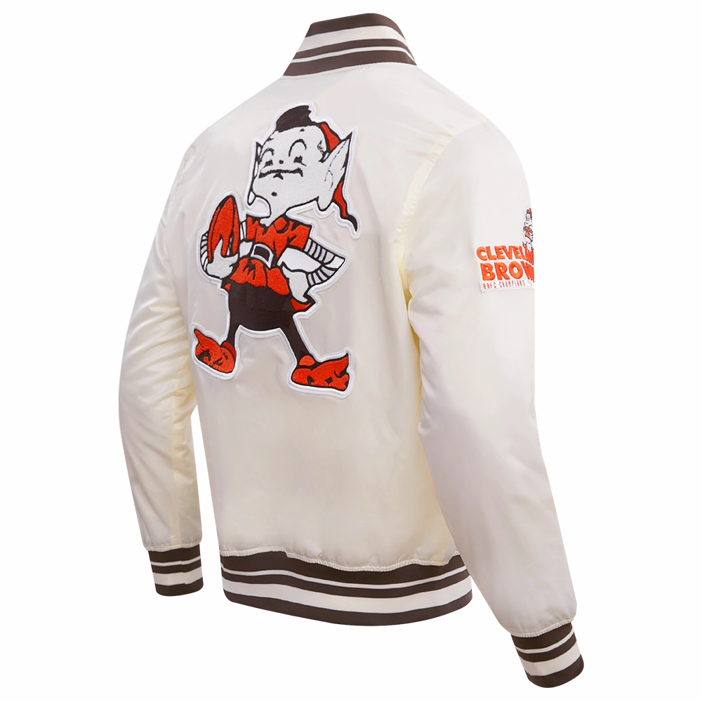 NFL CLEVELAND BROWNS RETRO CLASSIC MEN'S RIB SATIN JACKET (EGGSHELL/ BROWN)