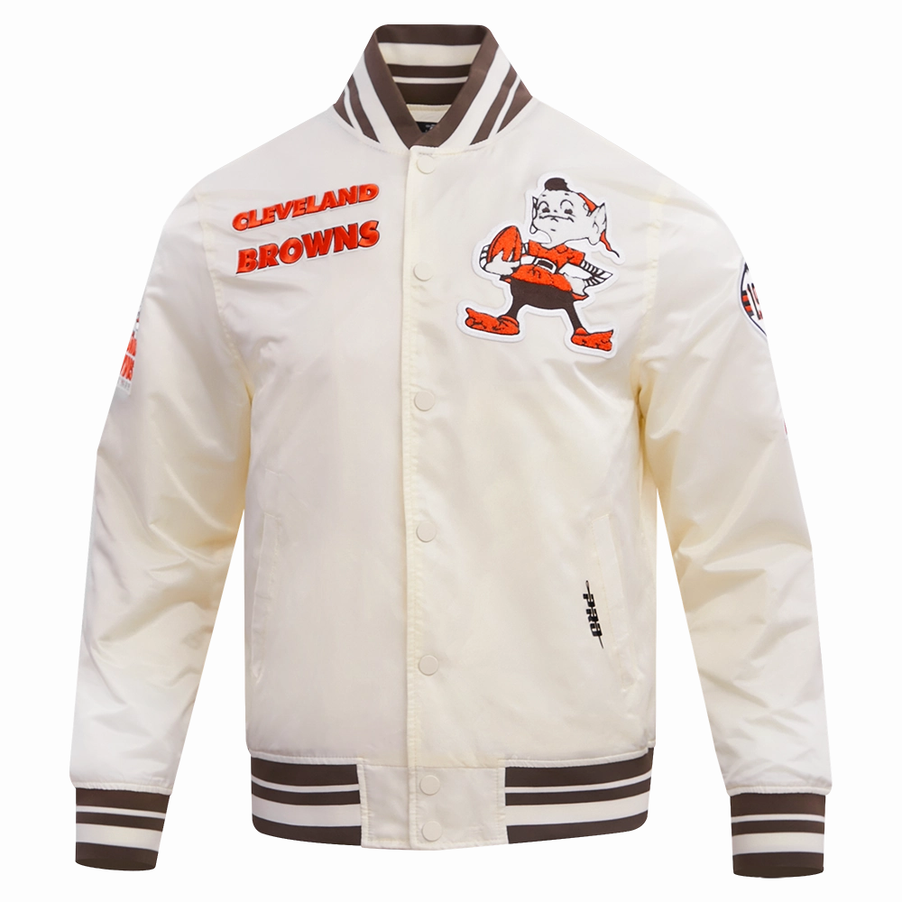 NFL CLEVELAND BROWNS RETRO CLASSIC MEN'S RIB SATIN JACKET (EGGSHELL/ BROWN)