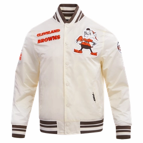 NFL CLEVELAND BROWNS RETRO CLASSIC MEN'S RIB SATIN JACKET (EGGSHELL/ BROWN)
