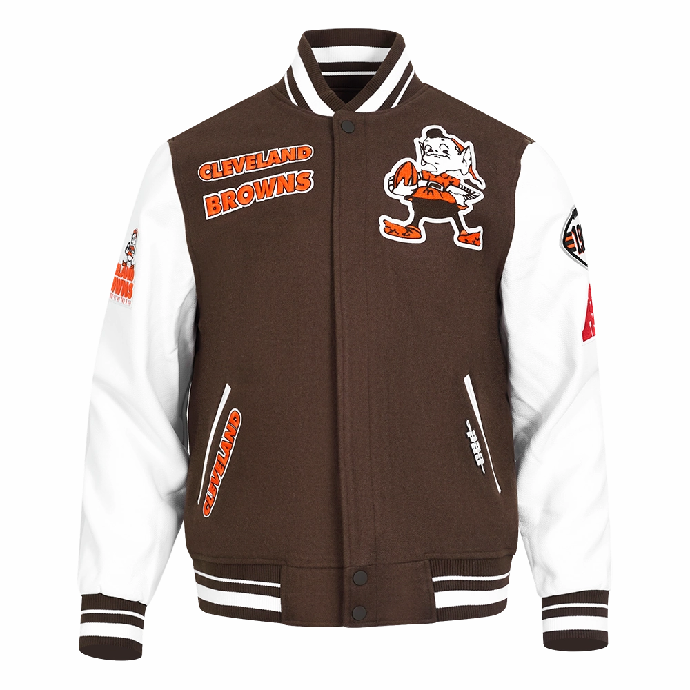 NFL CLEVELAND BROWNS RETRO CLASSIC MEN'S RIB WOOL VARSITY JACKET (BROWN/WHITE/BROWN)