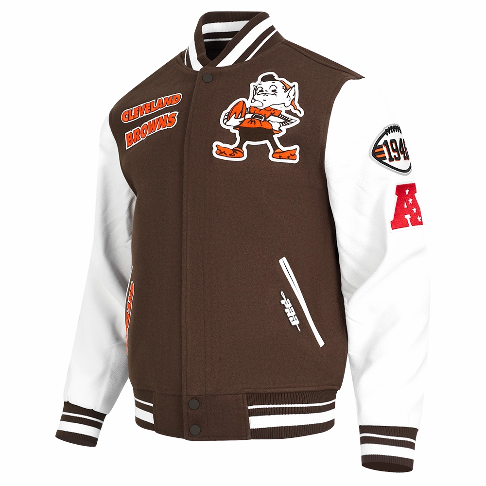 NFL CLEVELAND BROWNS RETRO CLASSIC MEN'S RIB WOOL VARSITY JACKET (BROWN/WHITE/BROWN)