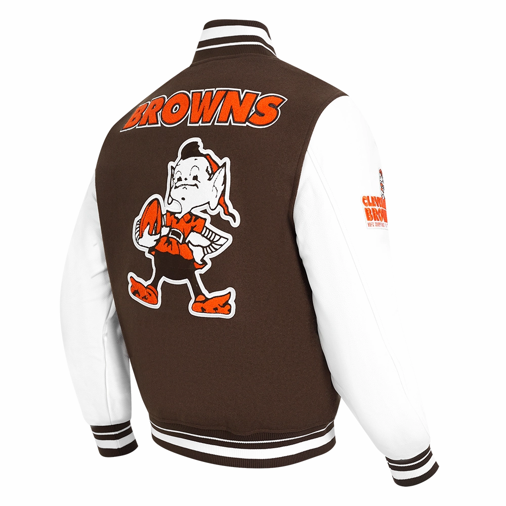 NFL CLEVELAND BROWNS RETRO CLASSIC MEN'S RIB WOOL VARSITY JACKET (BROWN/WHITE/BROWN)