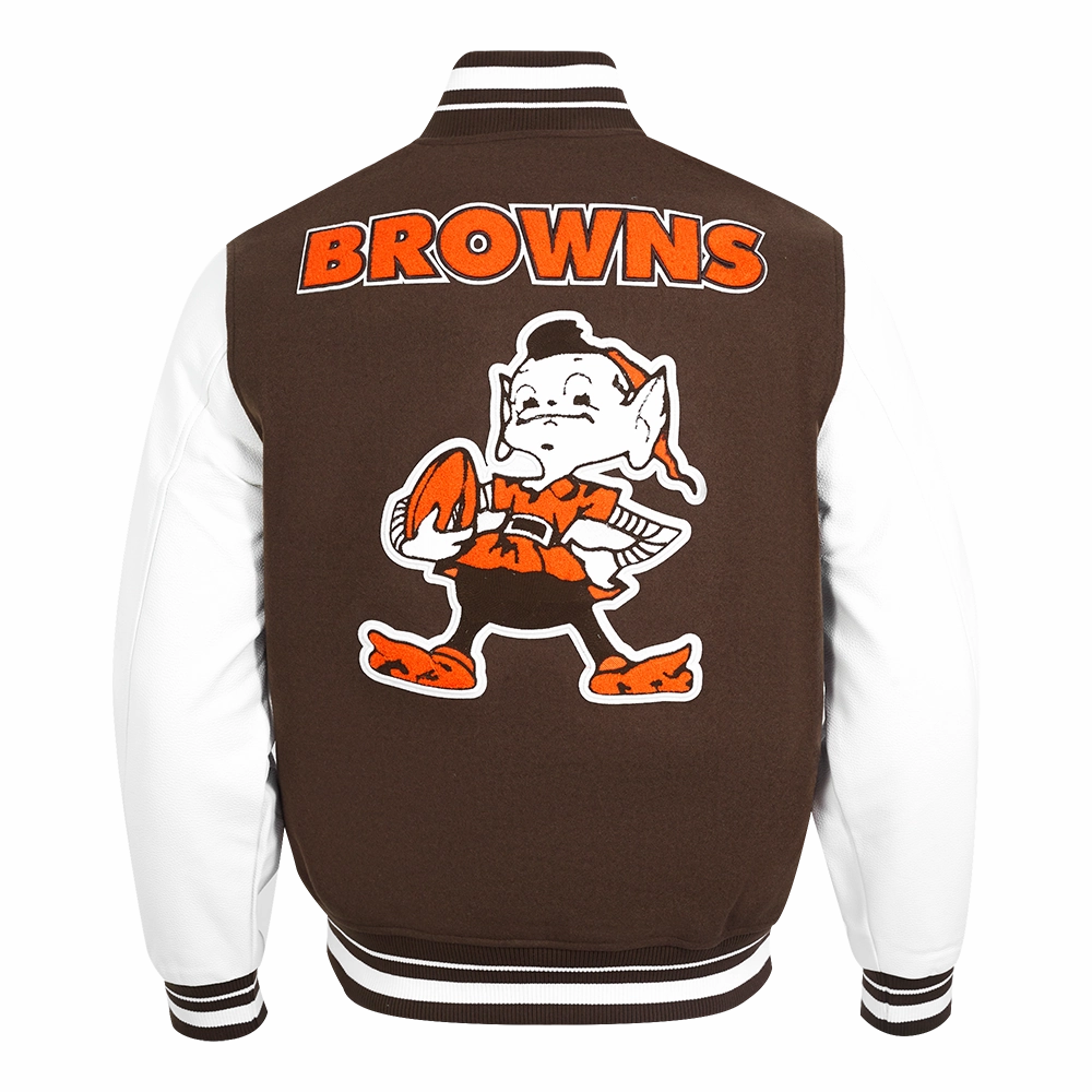 NFL CLEVELAND BROWNS RETRO CLASSIC MEN'S RIB WOOL VARSITY JACKET (BROWN/WHITE/BROWN)