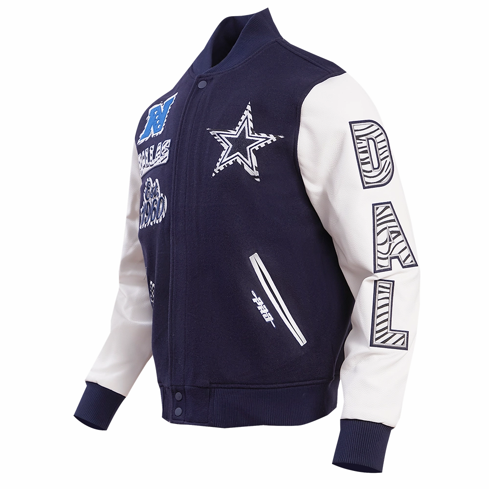 NFL DALLAS COWBOYS ANIMAL PRINT MEN'S WOOL VARSITY JACKET (MIDNIGHT NAVY/WHITE)