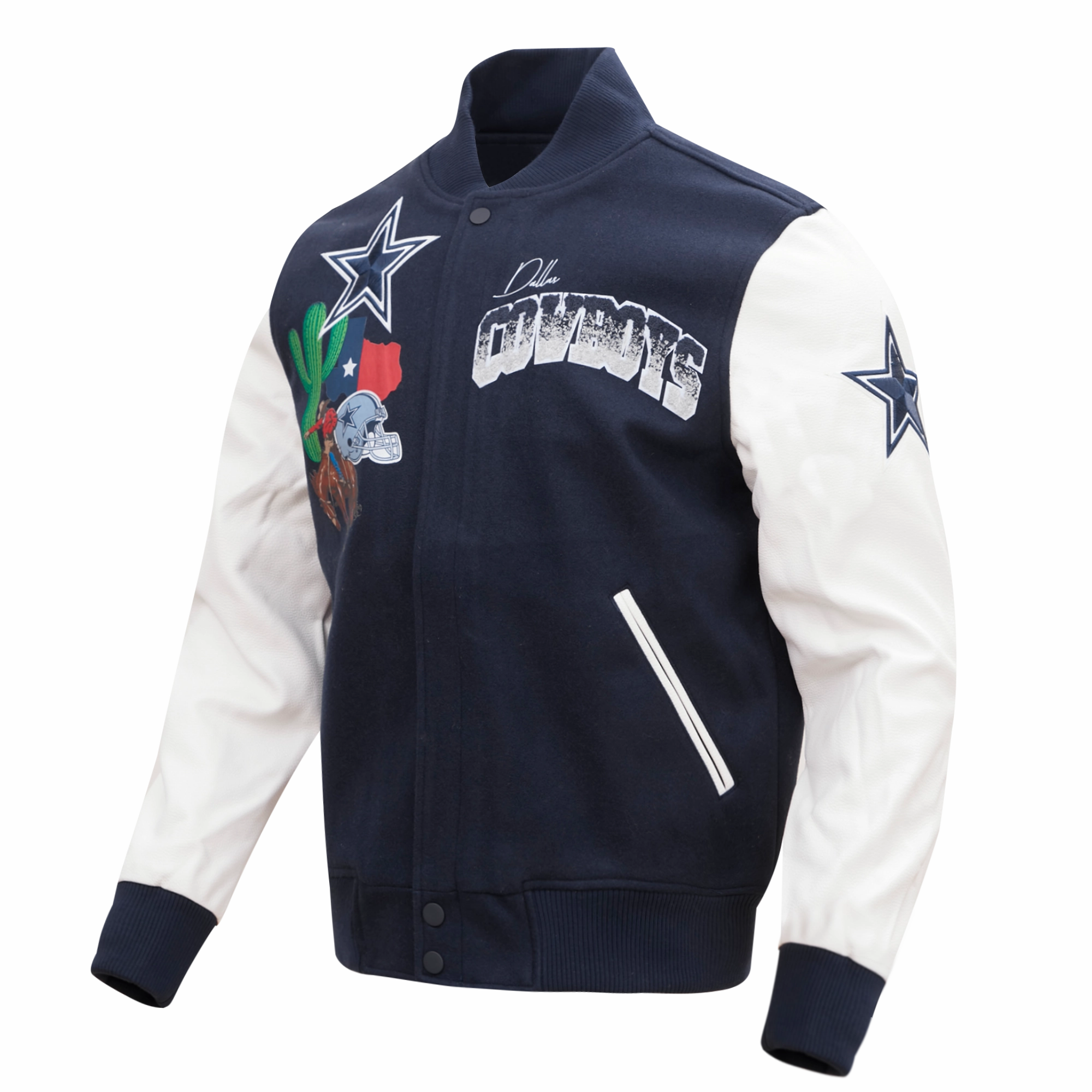 NFL DALLAS COWBOYS HOMETOWN MEN'S WOOL VARSITY JACKET (MIDNIGHT NAVY/WHITE)