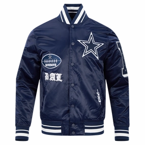 NFL DALLAS COWBOYS OLD ENGLISH MEN'S RIB SATIN JACKET (MIDNIGHT NAVY)