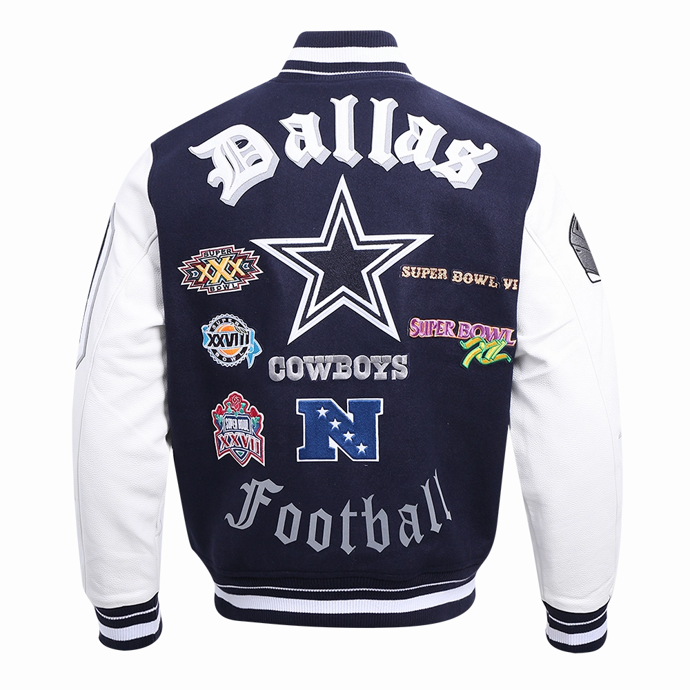 NFL DALLAS COWBOYS OLD ENGLISH MEN'S RIB WOOL VARSITY JACKET (MIDNIGHT NAVY/WHITE)
