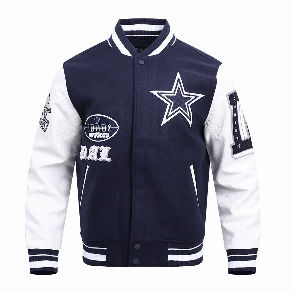 NFL DALLAS COWBOYS OLD ENGLISH MEN'S RIB WOOL VARSITY JACKET (MIDNIGHT NAVY/WHITE)