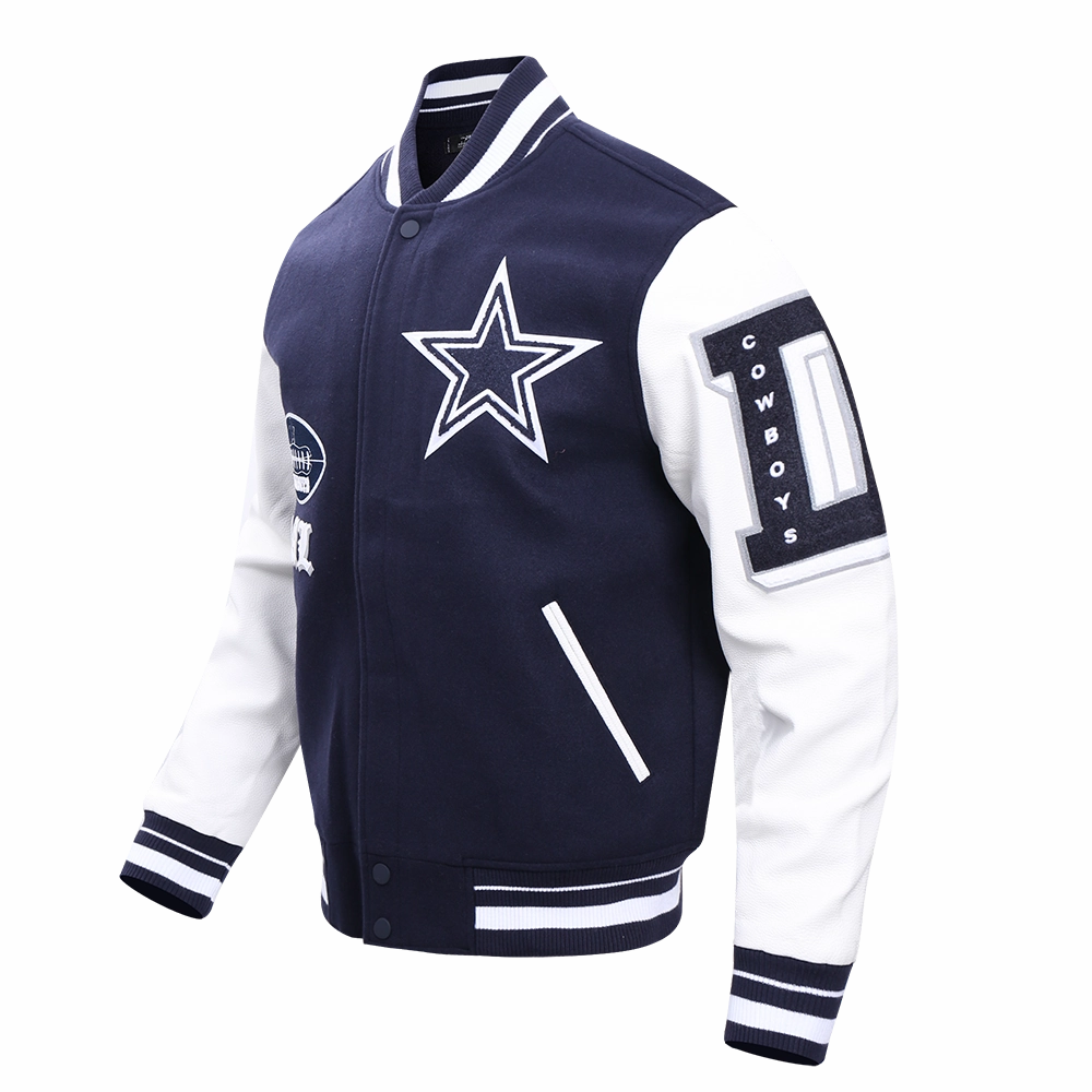 NFL DALLAS COWBOYS OLD ENGLISH MEN'S RIB WOOL VARSITY JACKET (MIDNIGHT NAVY/WHITE)