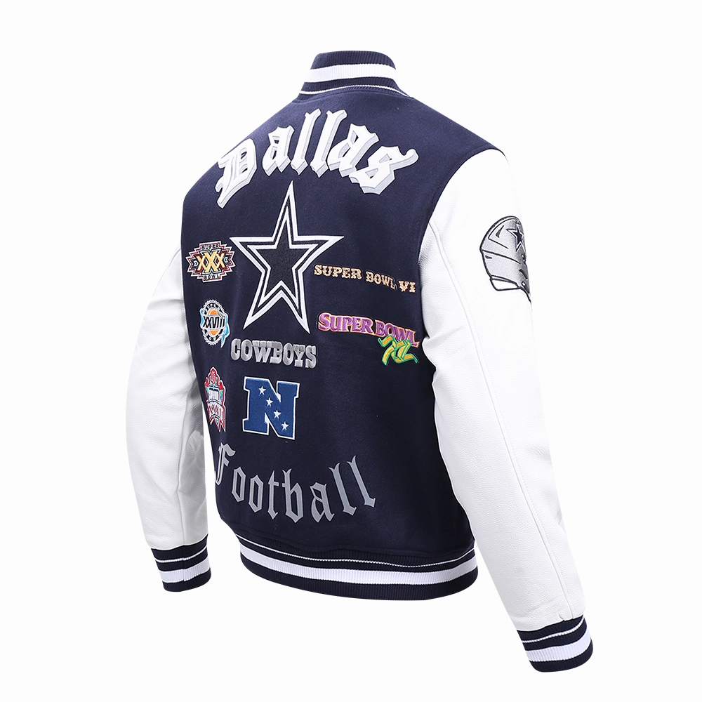 NFL DALLAS COWBOYS OLD ENGLISH MEN'S RIB WOOL VARSITY JACKET (MIDNIGHT NAVY/WHITE)