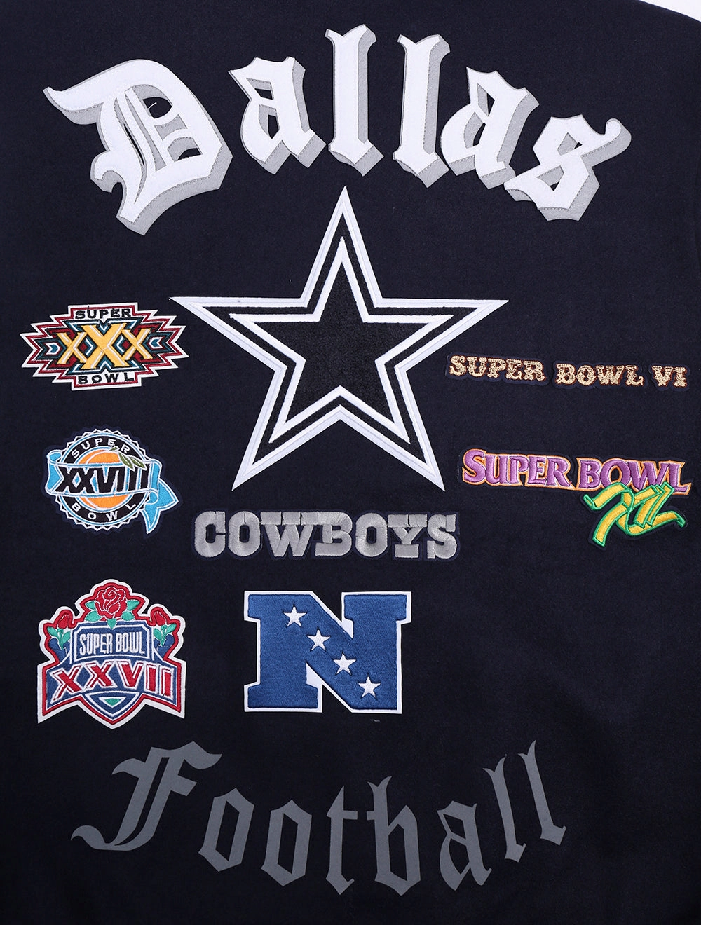 NFL DALLAS COWBOYS OLD ENGLISH MEN'S RIB WOOL VARSITY JACKET (MIDNIGHT NAVY/WHITE)