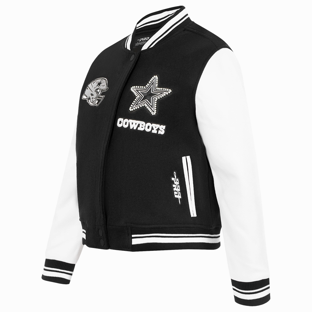 NFL DALLAS COWBOYS PEARLS WOMEN'S RIB WOOL VARSITY JACKET (BLACK/WHITE)