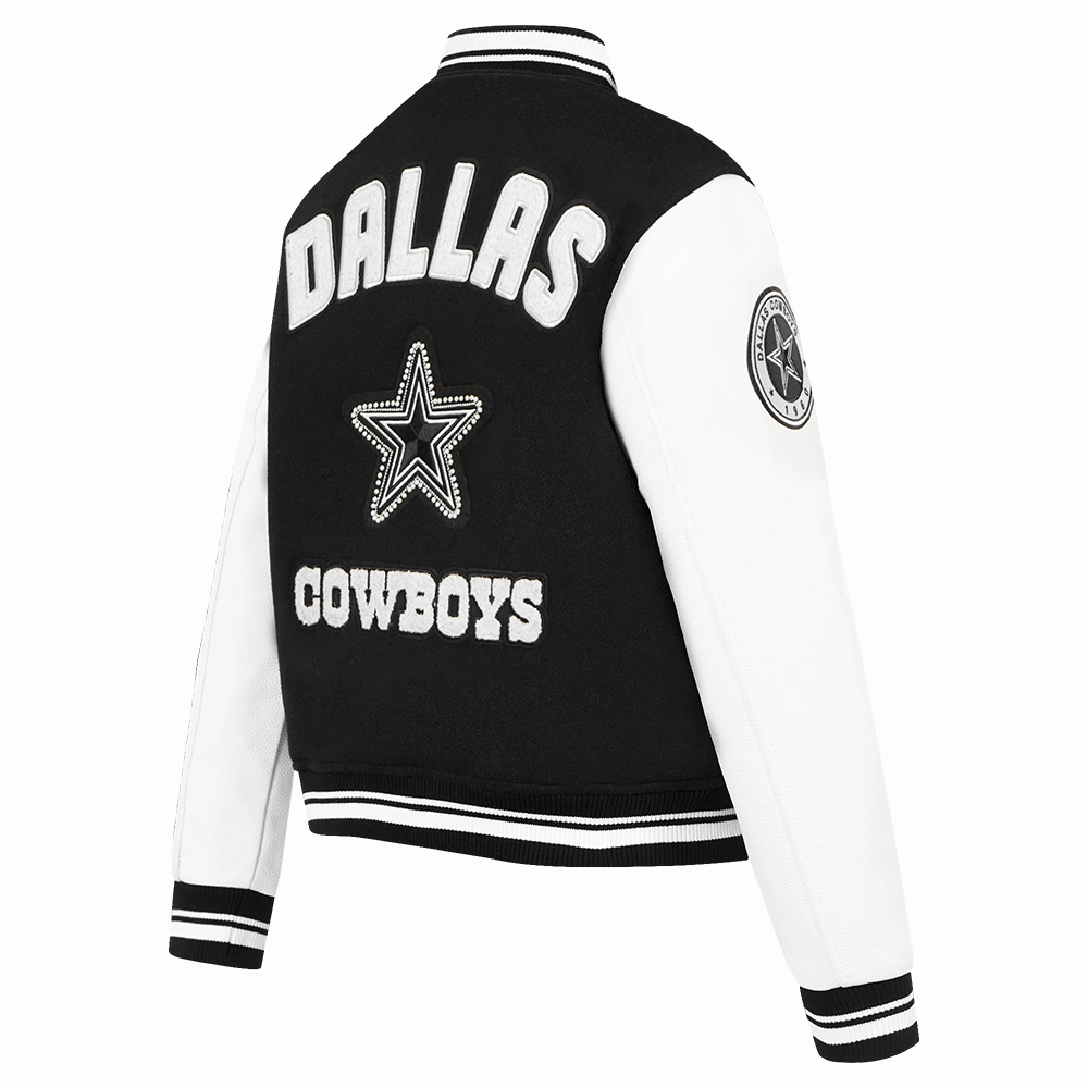 NFL DALLAS COWBOYS PEARLS WOMEN'S RIB WOOL VARSITY JACKET (BLACK/WHITE)
