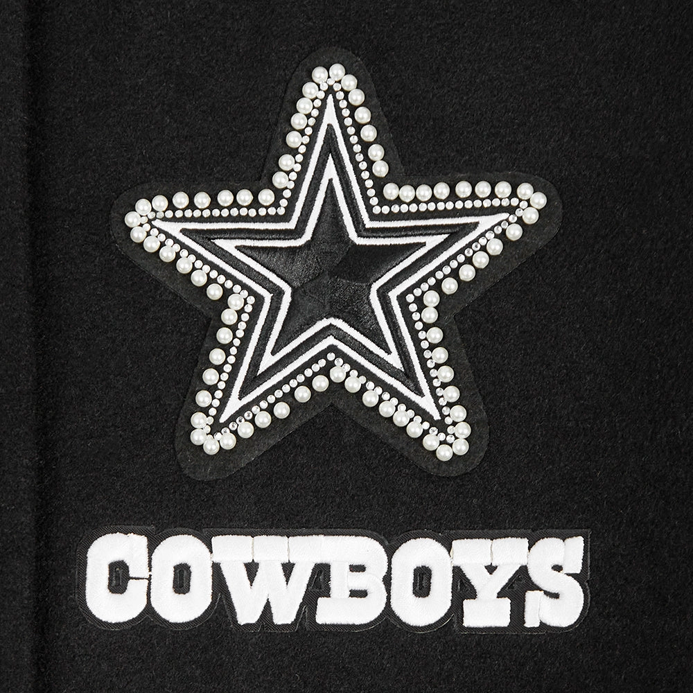 NFL DALLAS COWBOYS PEARLS WOMEN'S RIB WOOL VARSITY JACKET (BLACK/WHITE)