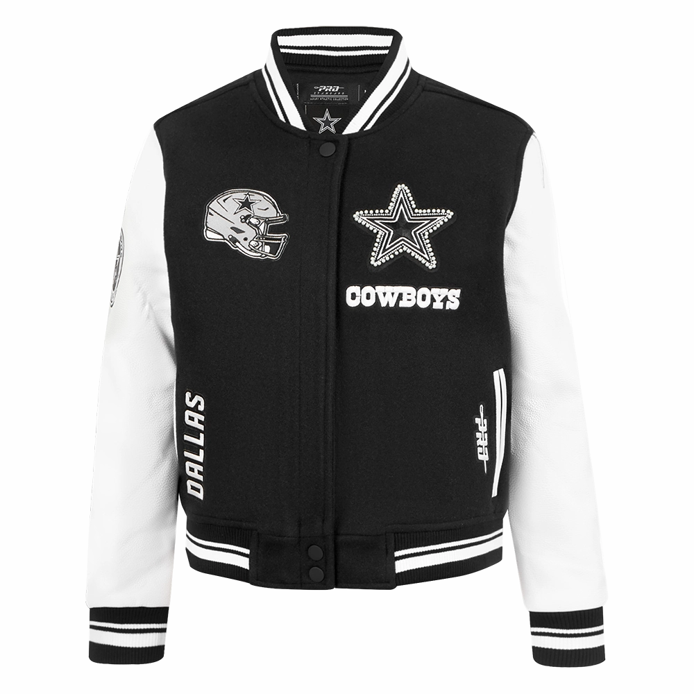 NFL DALLAS COWBOYS PEARLS WOMEN'S RIB WOOL VARSITY JACKET (BLACK/WHITE)