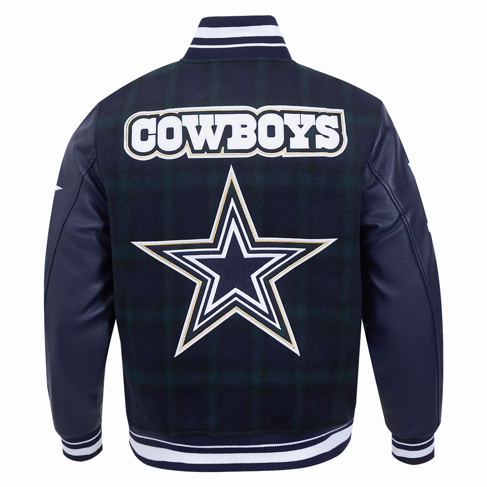 NFL DALLAS COWBOYS PRO PREP PLAID MEN'S WOOL VARSITY JACKET (FOREST GREEN/MIDNIGHT NAVY)