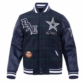 NFL DALLAS COWBOYS PRO PREP PLAID MEN'S WOOL VARSITY JACKET (FOREST GREEN/MIDNIGHT NAVY)
