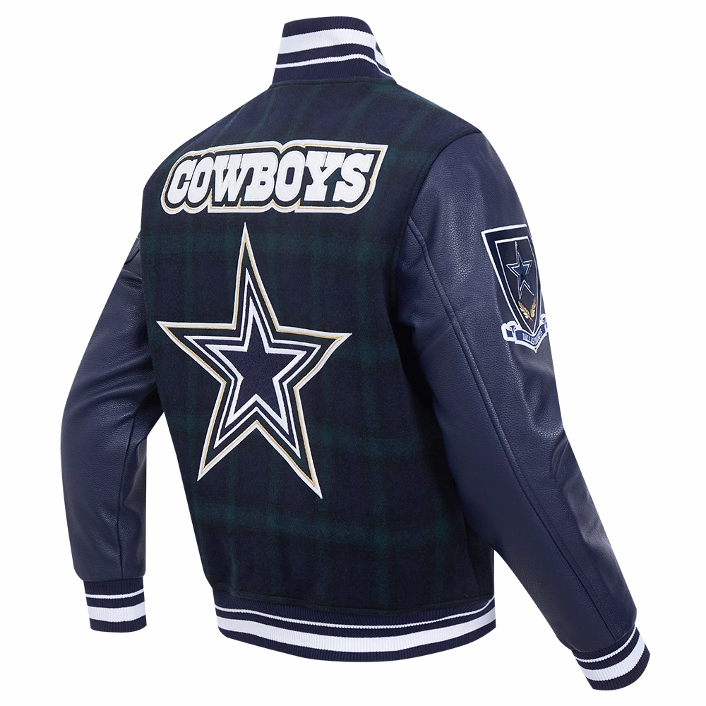 NFL DALLAS COWBOYS PRO PREP PLAID MEN'S WOOL VARSITY JACKET (FOREST GREEN/MIDNIGHT NAVY)