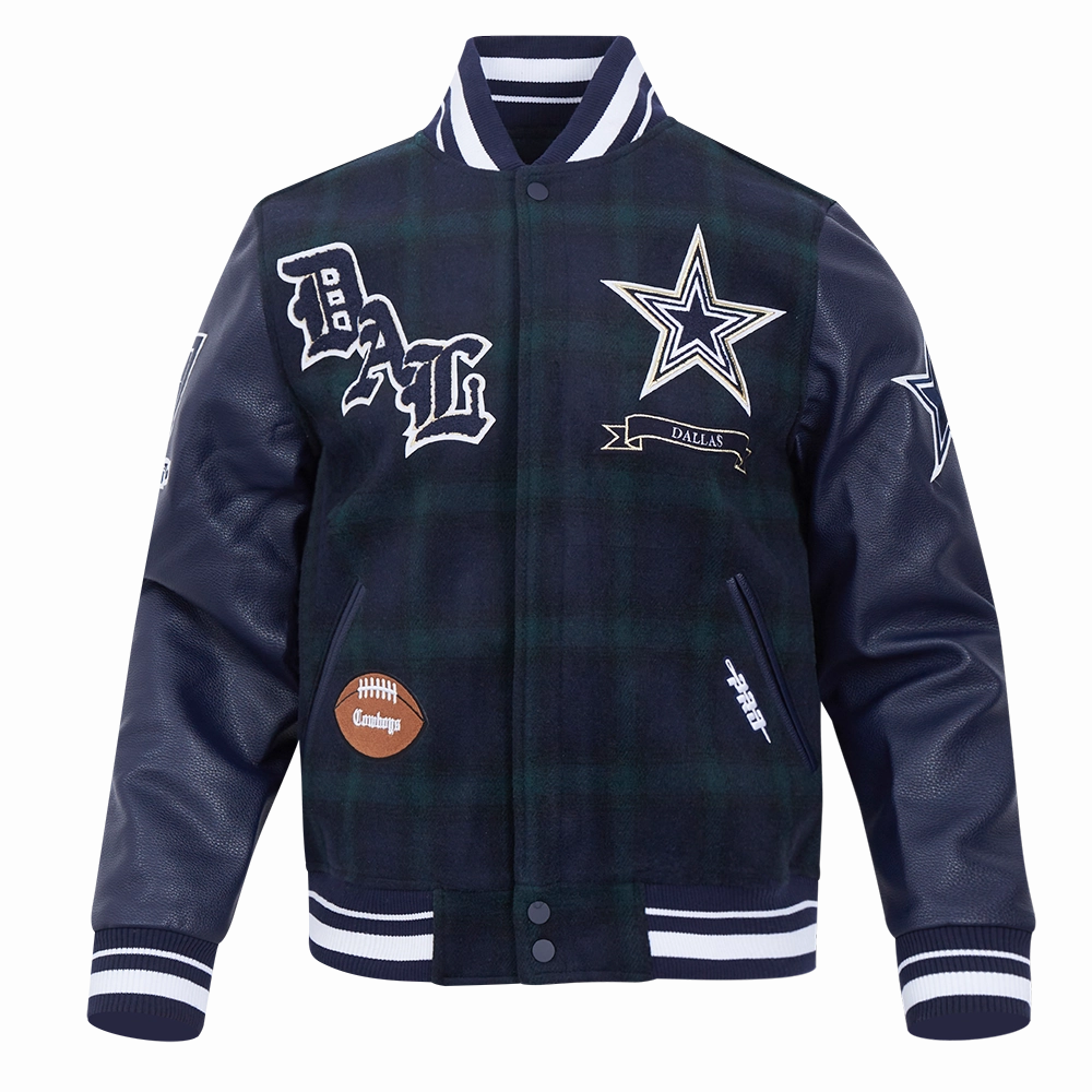 NFL DALLAS COWBOYS PRO PREP PLAID MEN'S WOOL VARSITY JACKET (FOREST GREEN/MIDNIGHT NAVY)