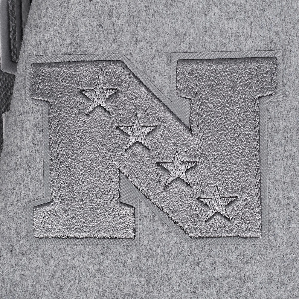 NFL DALLAS COWBOYS REVERSE FRENCH TERRY MEN'S COLOR BLOCK WOOL VARSITY JACKET (BLACK/GRAY/EGGSHELL)