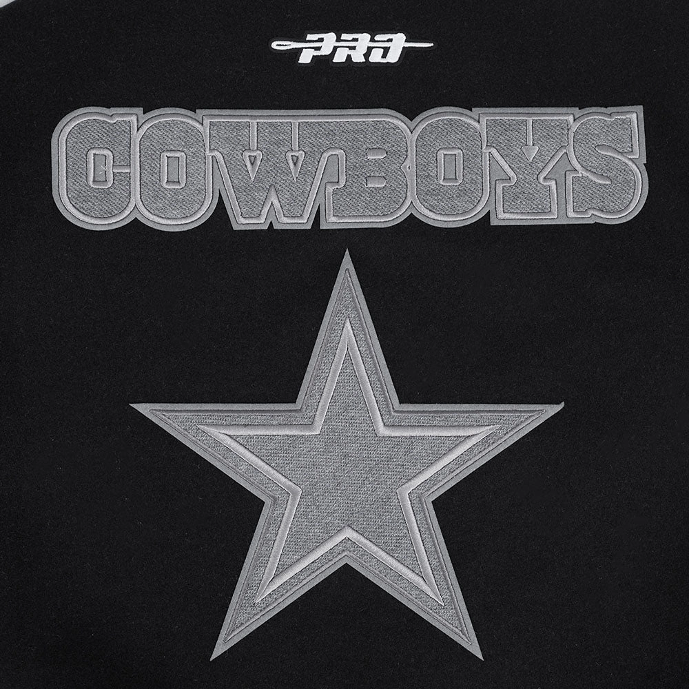 NFL DALLAS COWBOYS REVERSE FRENCH TERRY MEN'S COLOR BLOCK WOOL VARSITY JACKET (BLACK/GRAY/EGGSHELL)