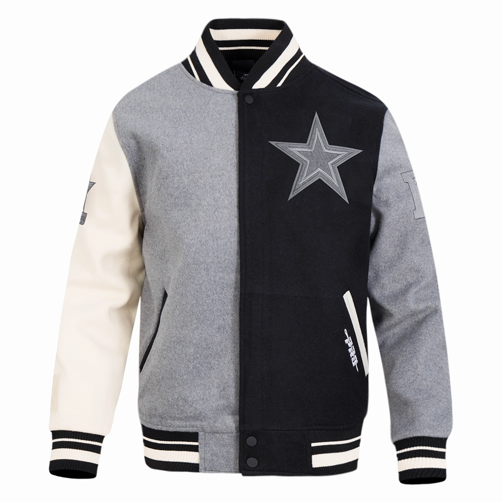 NFL DALLAS COWBOYS REVERSE FRENCH TERRY MEN'S COLOR BLOCK WOOL VARSITY JACKET (BLACK/GRAY/EGGSHELL)