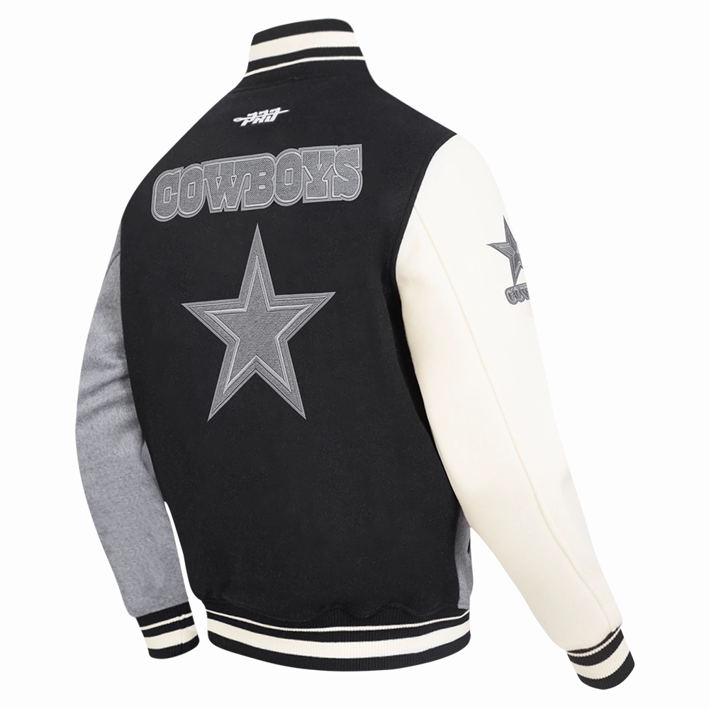 NFL DALLAS COWBOYS REVERSE FRENCH TERRY MEN'S COLOR BLOCK WOOL VARSITY JACKET (BLACK/GRAY/EGGSHELL)
