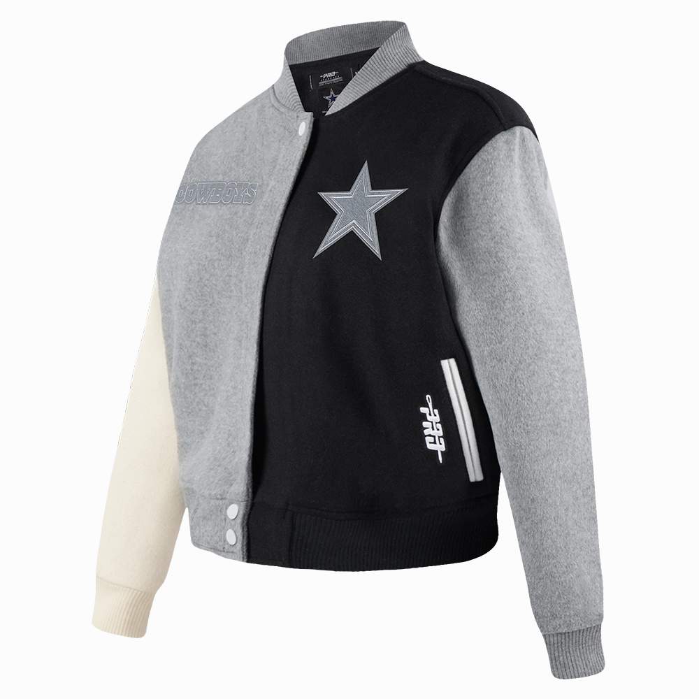 NFL DALLAS COWBOYS REVERSE FRENCH TERRY WOMEN'S WOOL VARSITY JACKET (BLACK/GRAY/EGGSHELL)