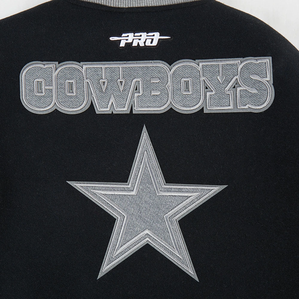 NFL DALLAS COWBOYS REVERSE FRENCH TERRY WOMEN'S WOOL VARSITY JACKET (BLACK/GRAY/EGGSHELL)