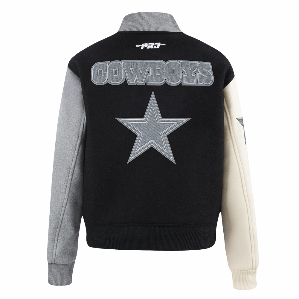 NFL DALLAS COWBOYS REVERSE FRENCH TERRY WOMEN'S WOOL VARSITY JACKET (BLACK/GRAY/EGGSHELL)