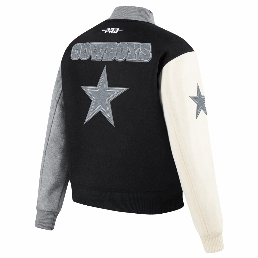 NFL DALLAS COWBOYS REVERSE FRENCH TERRY WOMEN'S WOOL VARSITY JACKET (BLACK/GRAY/EGGSHELL)