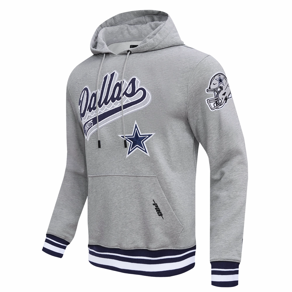 NFL DALLAS COWBOYS SCRIPT TAIL MEN'S RIB FLEECE PULLOVER HOODIE (HEATHER GREY/MIDNIGHT NAVY)