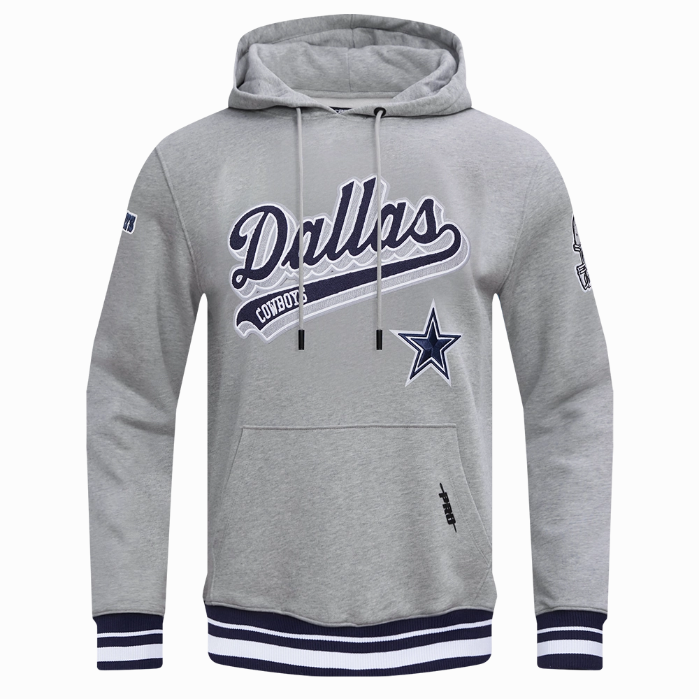 NFL DALLAS COWBOYS SCRIPT TAIL MEN'S RIB FLEECE PULLOVER HOODIE (HEATHER GREY/MIDNIGHT NAVY)