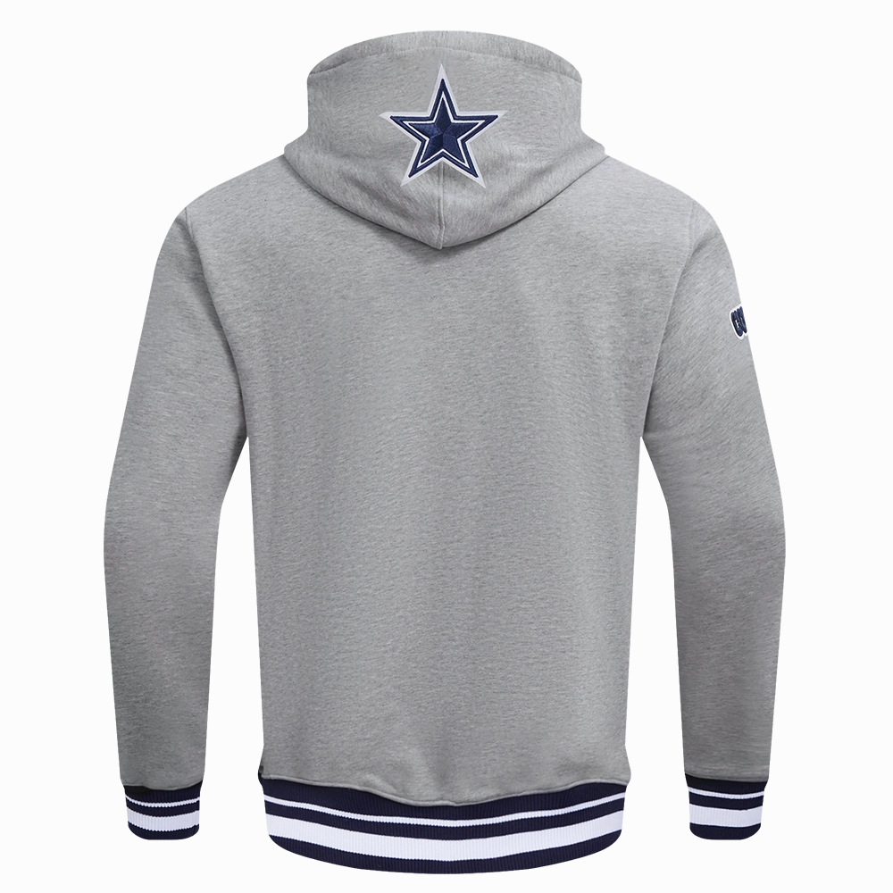 NFL DALLAS COWBOYS SCRIPT TAIL MEN'S RIB FLEECE PULLOVER HOODIE (HEATHER GREY/MIDNIGHT NAVY)
