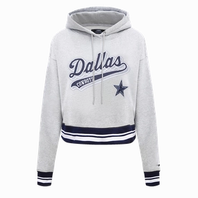 NFL DALLAS COWBOYS SCRIPT TAIL WOMEN'S RIB FLEECE CROPPED PULLOVER HOODIE (HEATHER GREY/MIDNIGHT NAVY)